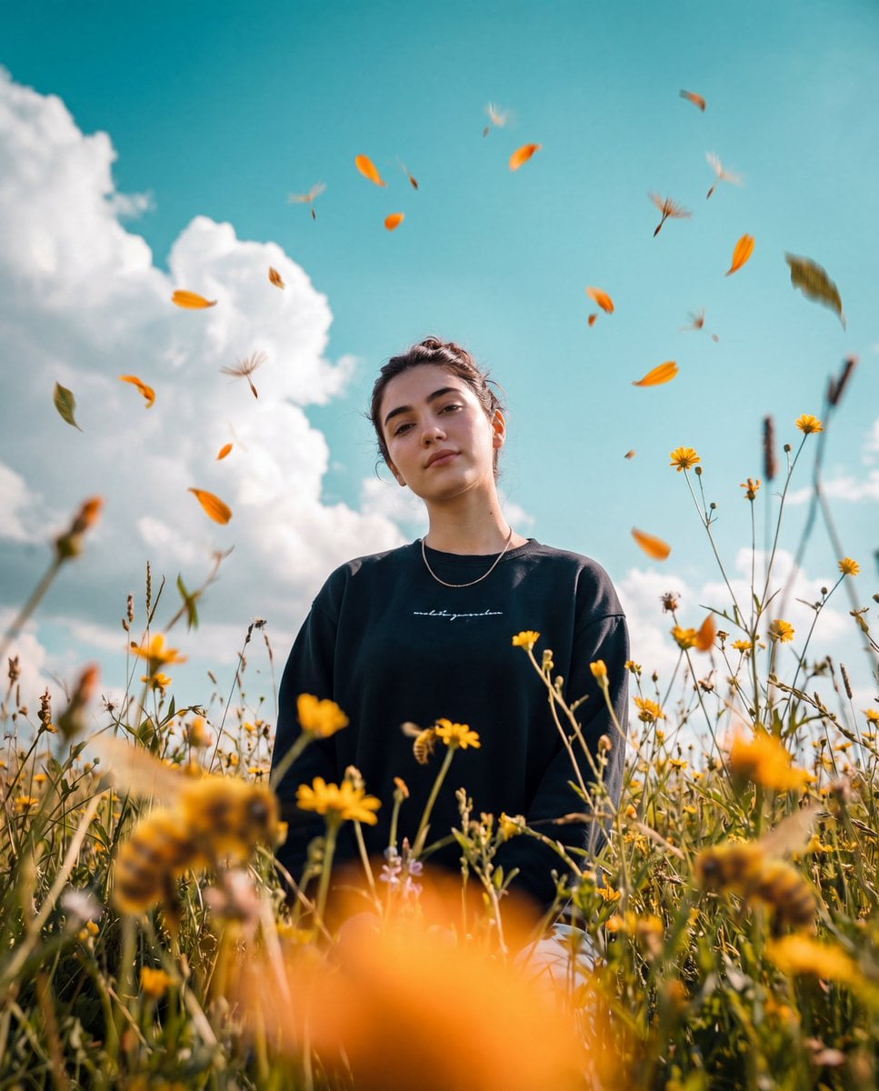 Photorealistic cinematic photo, 3:4 vertical frame, shooting from a very low point of gra...
