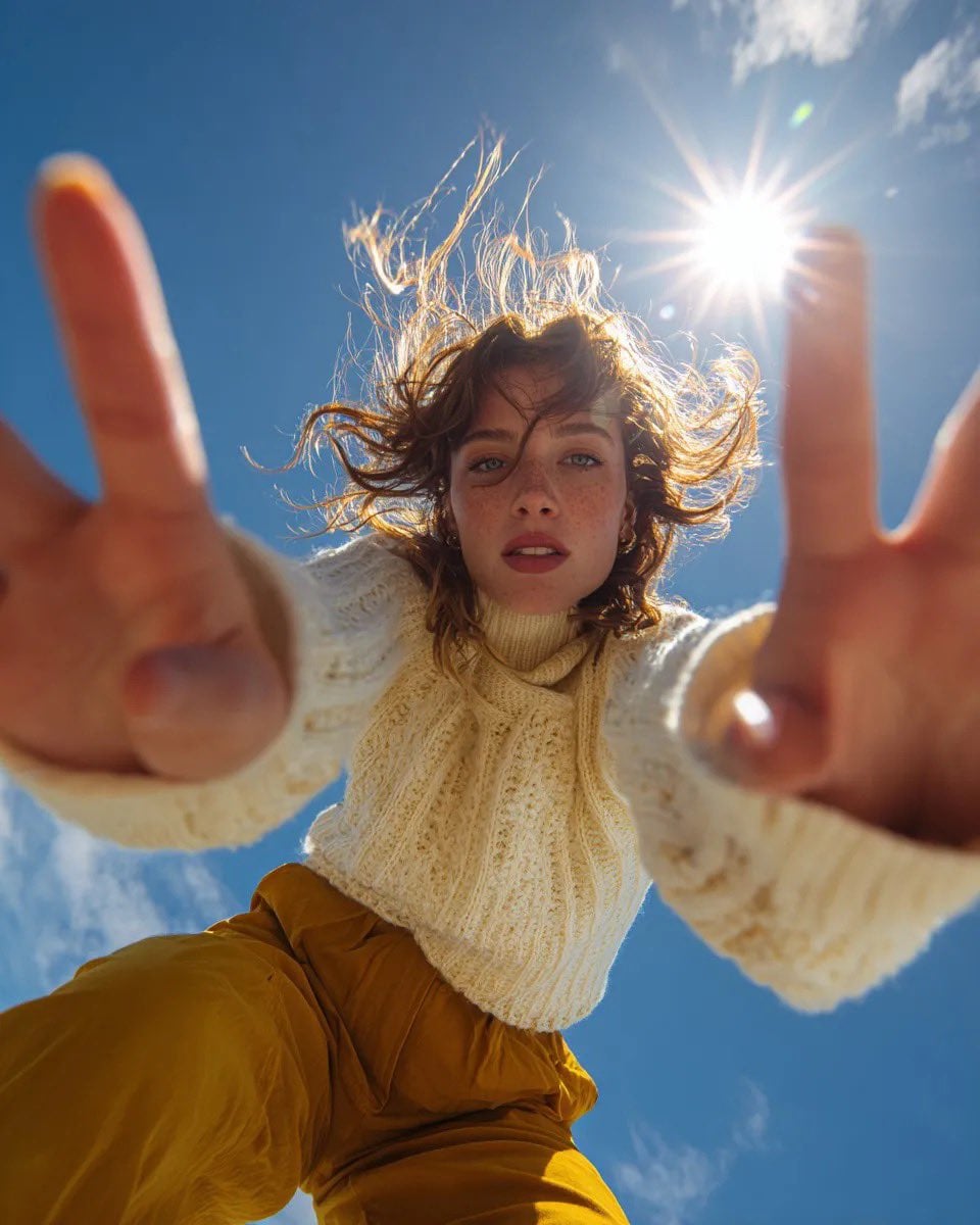 Ultra wide-angle low-angle portrait shot from ground perspective, young woman leaning ove...