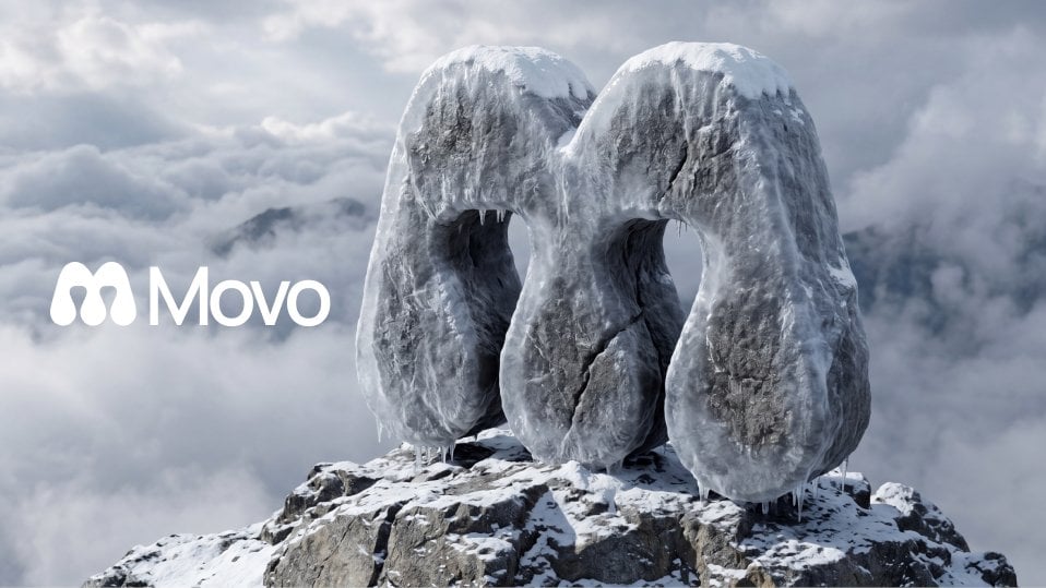 A hyper-realistic 3D render of a flat logo sculpted as a massive, frosted stone monument ...
