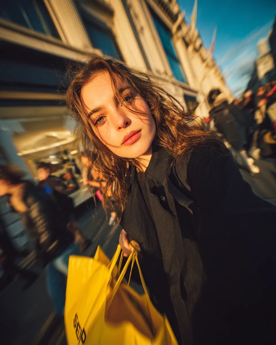 Cinematic street portrait of a young woman walking through a busy shopping street at gold...