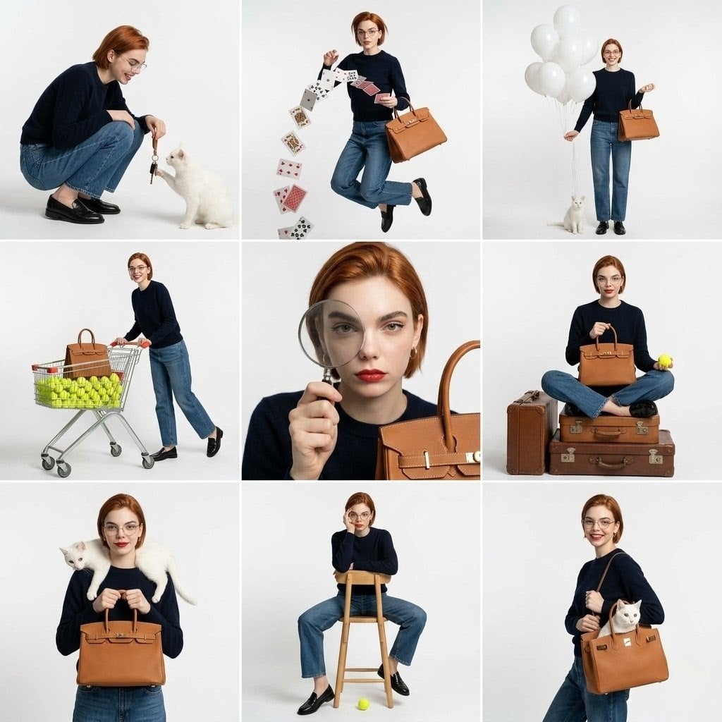 studio fashion collage, 3x3 grid layout, same subject repeated in different poses across ...