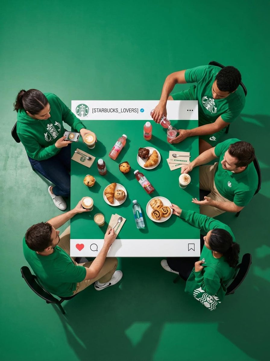Ultra-wide-angle hyper-realistic shooting in top-down mode. A group of 4 real people sitt...