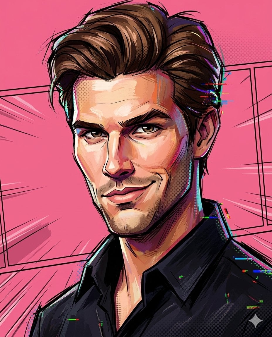 A painterly exaggerated cartoon portrait combining sculpted 3D anatomy with hand-painted ...