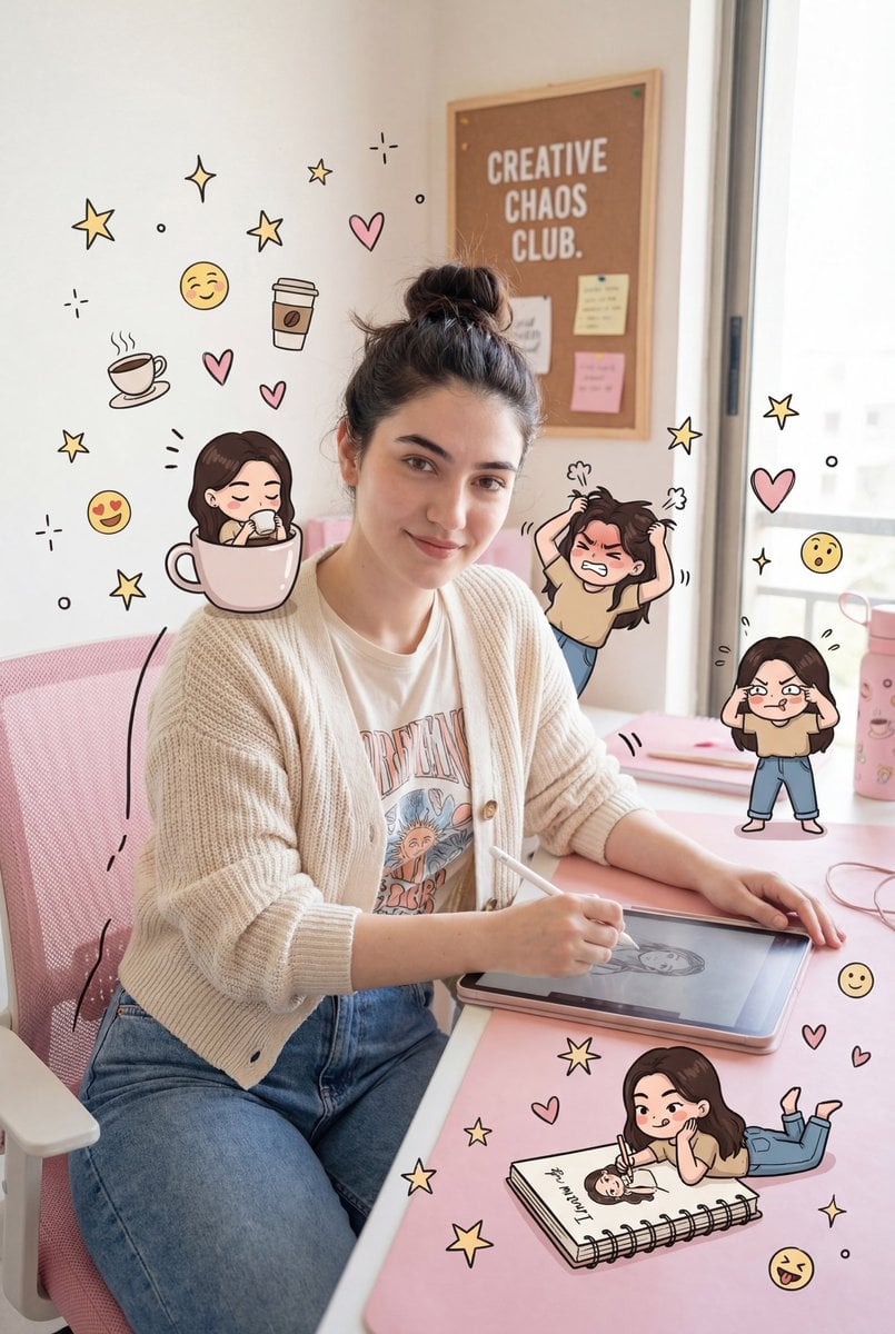Use the reference photo to create a realistic female character, soft smile, with a fun an...