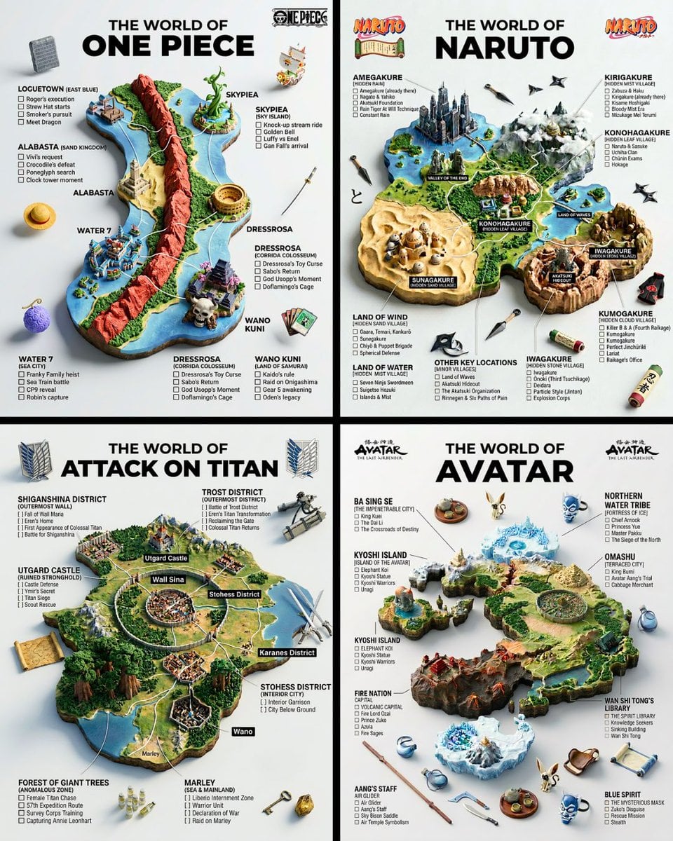 A hyper-realistic 3D world guide infographic poster for [SHOW]. The fictional world of [S...