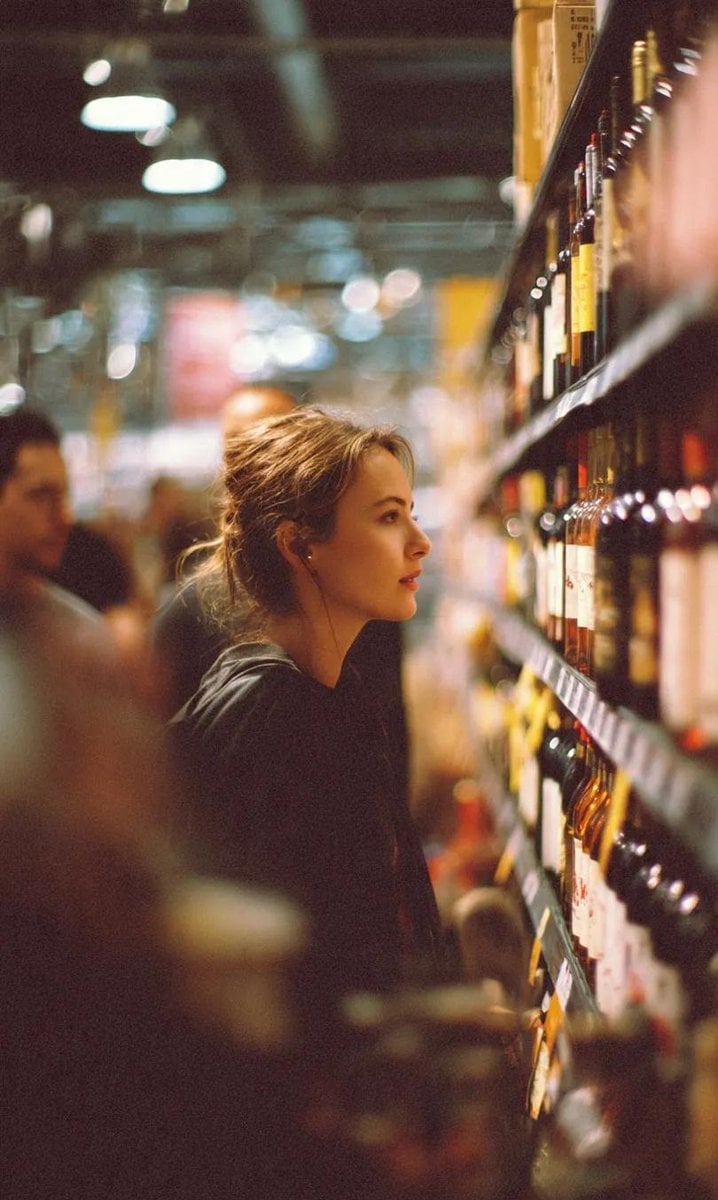 A cinematic side-profile portrait of a young woman standing in a grocery store aisle, car...