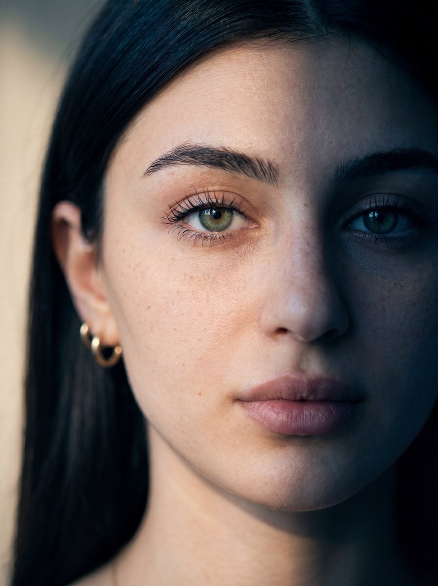 Ultra-realistic close-up portrait of a young woman with fair skin and subtle freckles, gr...